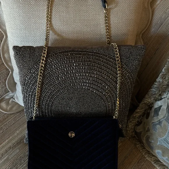 LaDiva Navy Velvet Shoulder Bag with Gold Chain crossbody - Picture 7 of 11